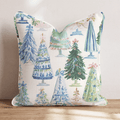 Cream Christmas throw cushion with illustrated decorated tree pattern and piped edging