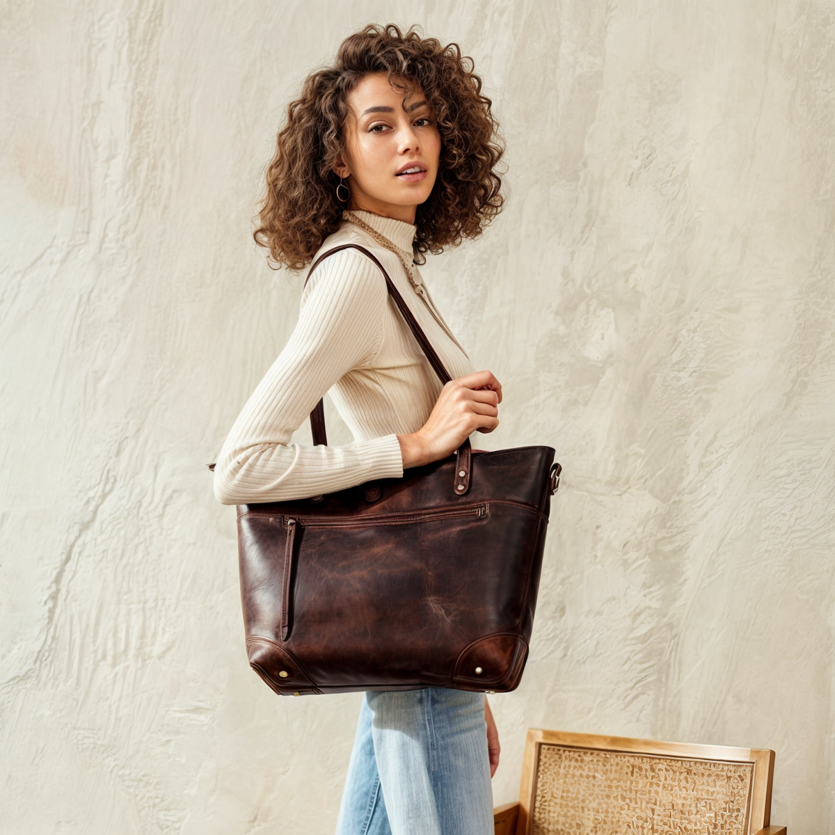 Vintage faux leather tote bag with long handles and front zipped pocket