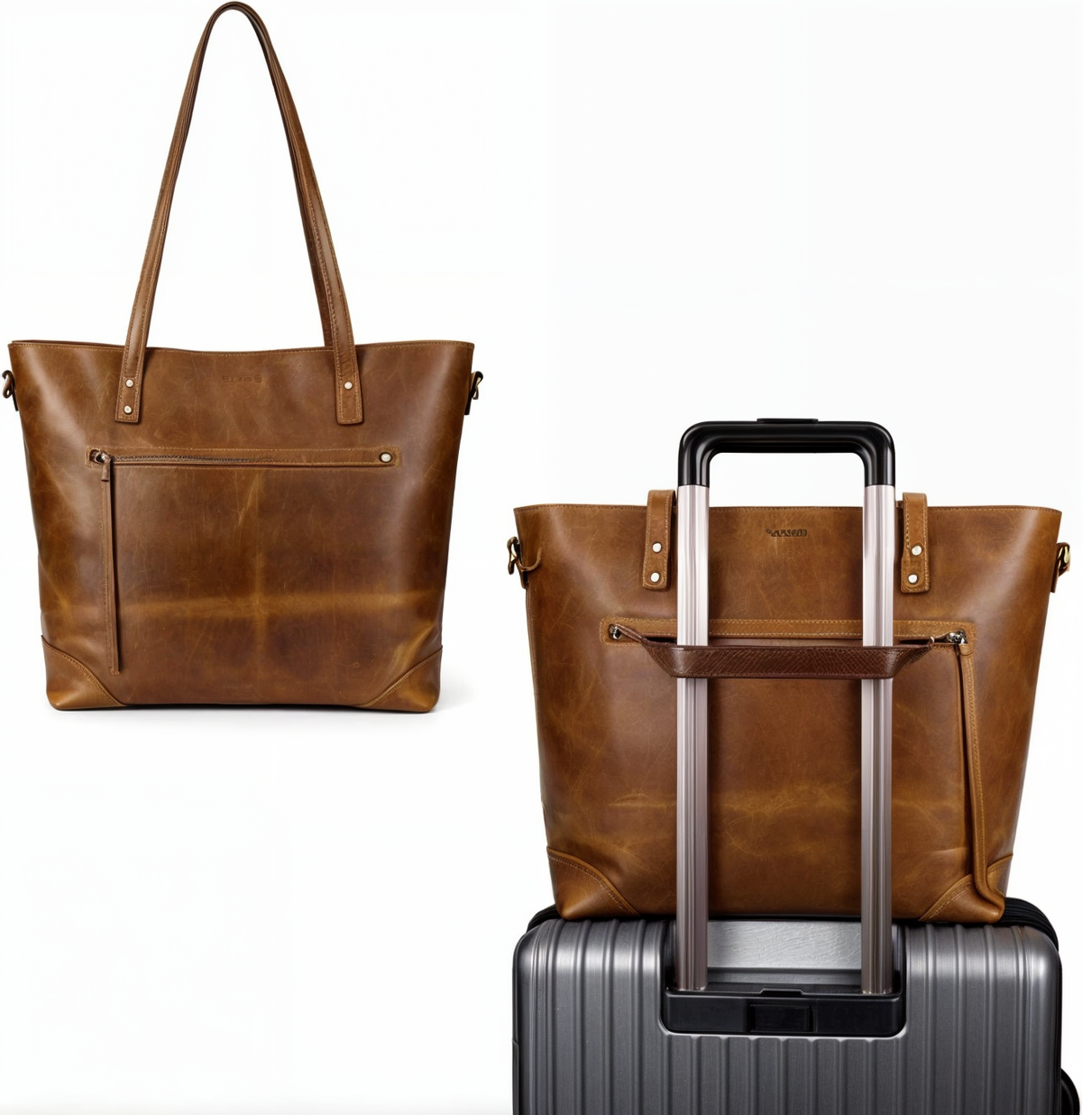 Vintage faux leather tote bag with long handles and front zipped pocket