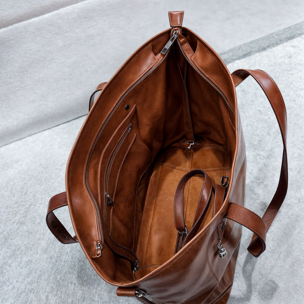 Vintage faux leather tote bag with long handles and front zipped pocket