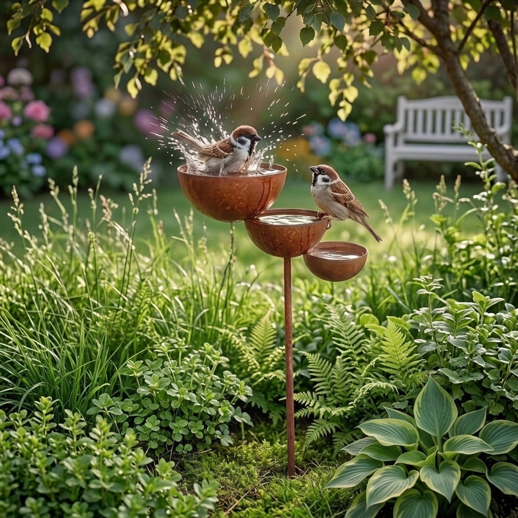 Three-tier brown bird bath with three bowls on a garden stake