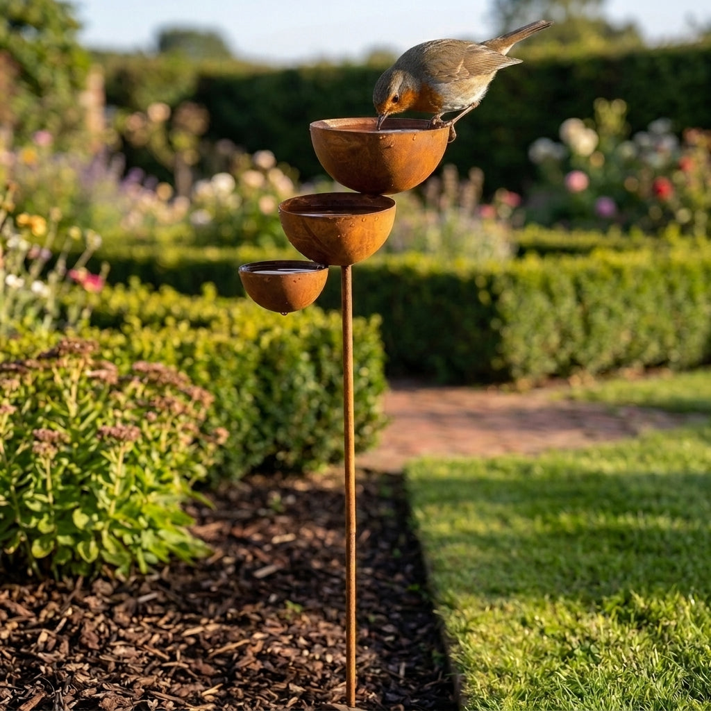 Three-tier brown bird bath with three bowls on a garden stake
