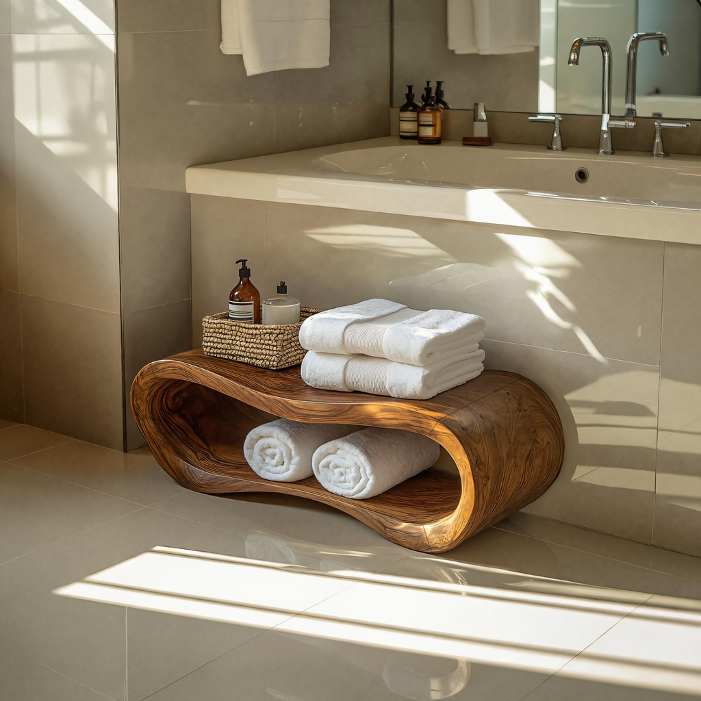Wave-carved bathroom bench with open shelf and wood-effect finish