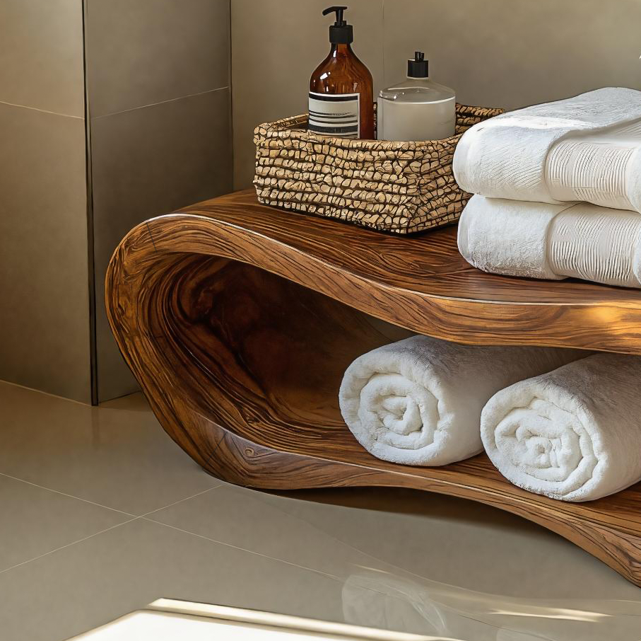 Wave-carved bathroom bench with open shelf and wood-effect finish