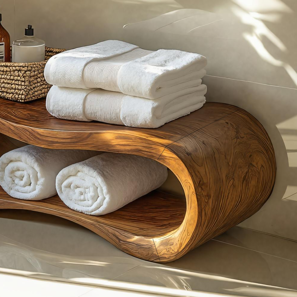 Wave-carved bathroom bench with open shelf and wood-effect finish