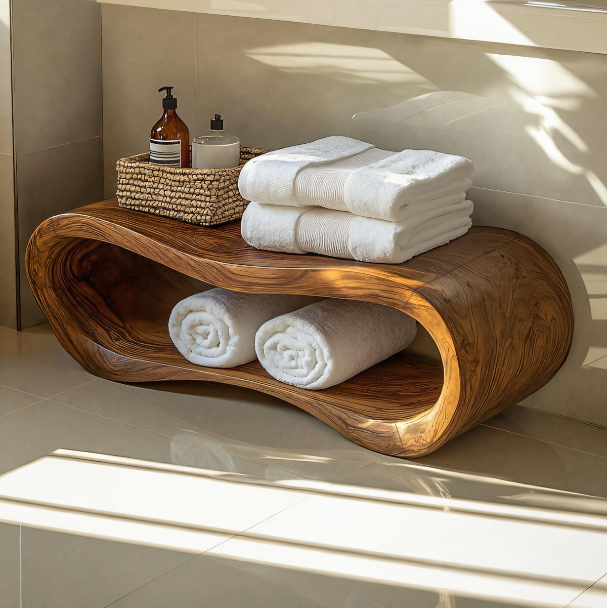 Wave-carved bathroom bench with open shelf and wood-effect finish