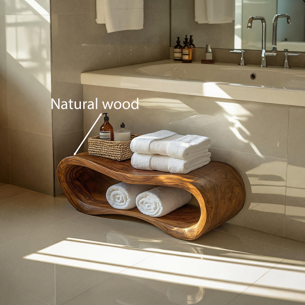 Wave-carved bathroom bench with open shelf and wood-effect finish