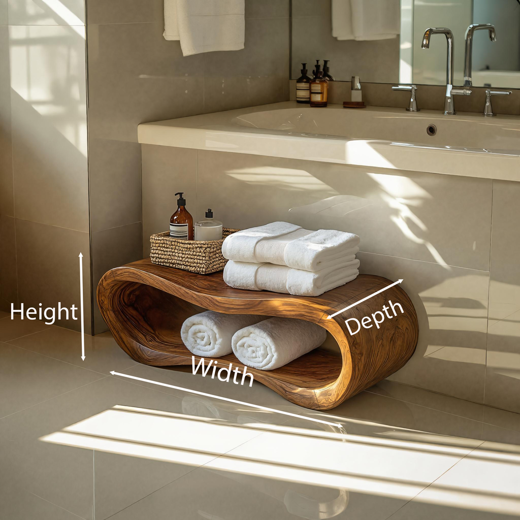 Wave-carved bathroom bench with open shelf and wood-effect finish