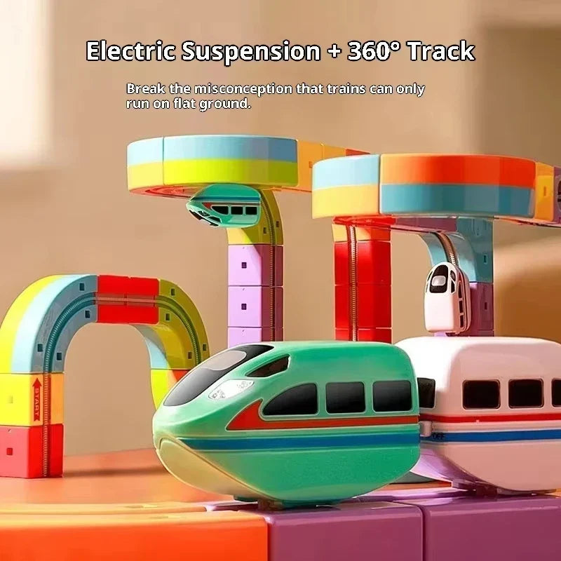 Colourful magnetic building track set with toy train, signs and accessories