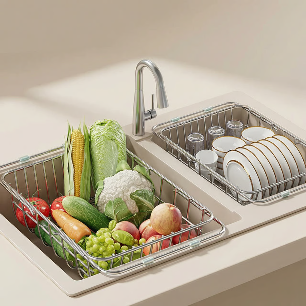 Expandable silver stainless steel sink dish drainer rack