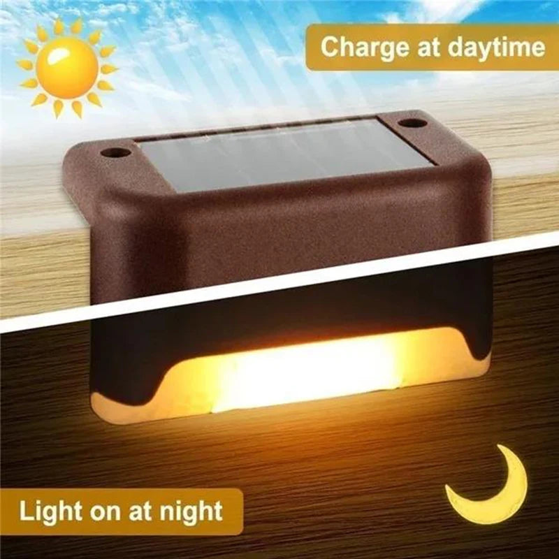 Black solar stair light illuminating outdoor steps and walls