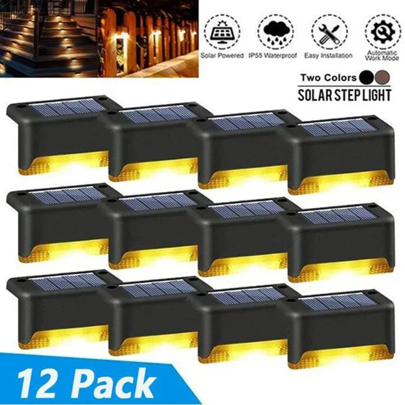 Black solar stair light illuminating outdoor steps and walls