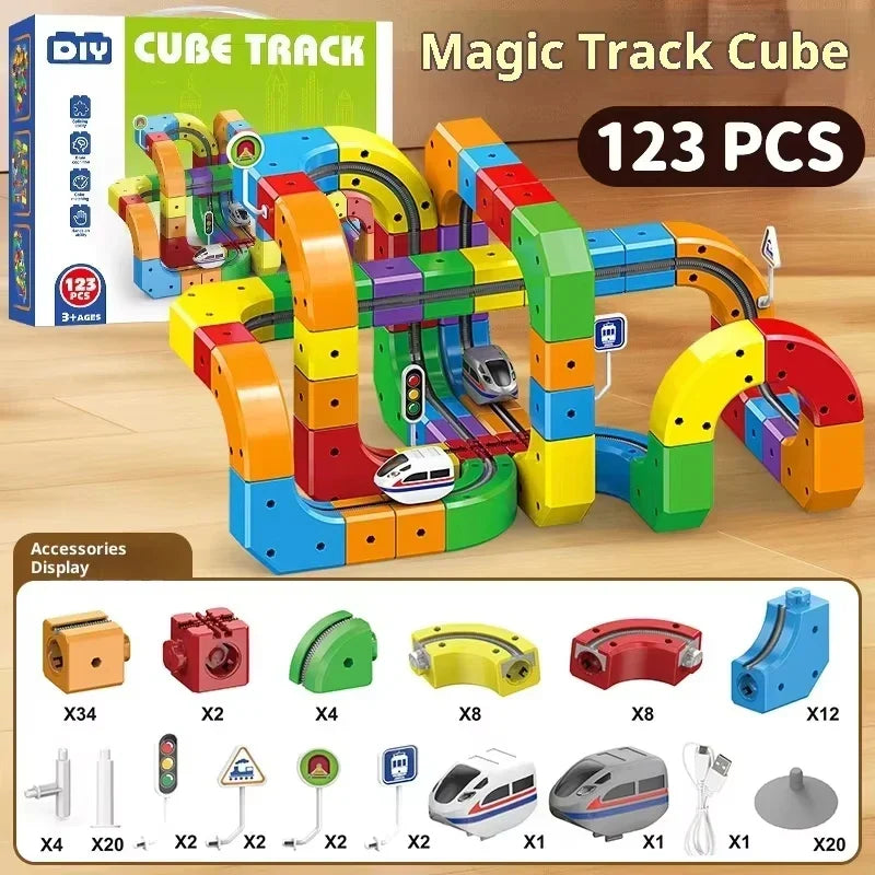Colourful magnetic building track set with toy train, signs and accessories