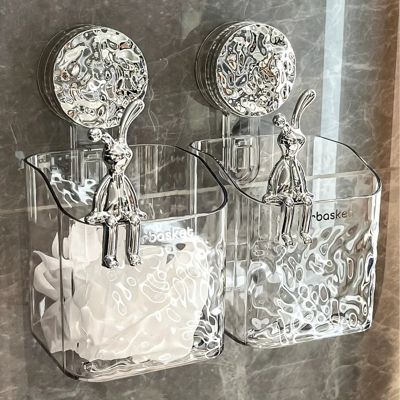 Clear adhesive bathroom storage basket with chrome decorative hook