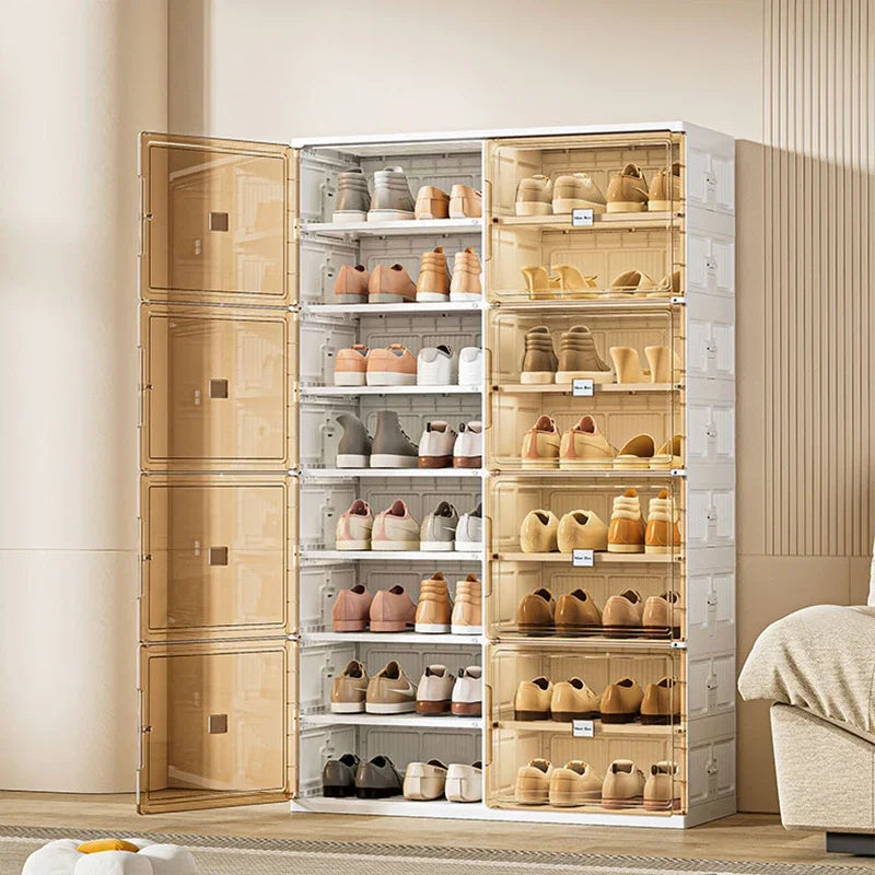 Two-tier stackable shoe storage cabinet with transparent front doors
