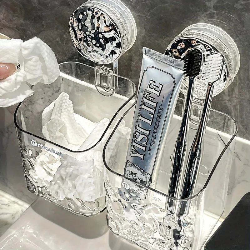 Clear adhesive bathroom storage basket with chrome decorative hook
