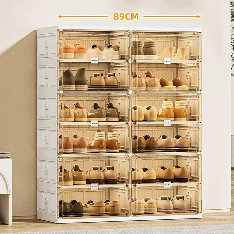 Two-tier stackable shoe storage cabinet with transparent front doors