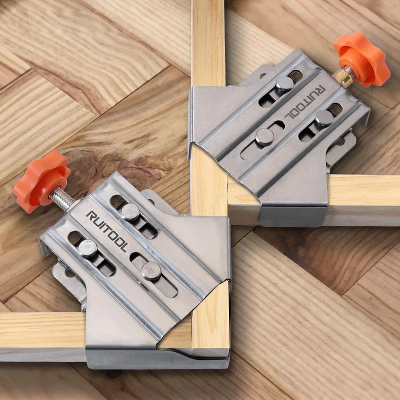 Stainless steel corner bracket with slotted plates and red-orange adjustment knob