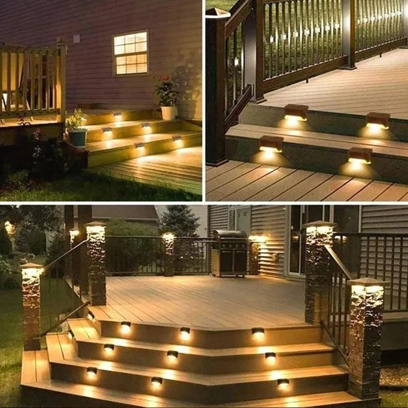 Black solar stair light illuminating outdoor steps and walls