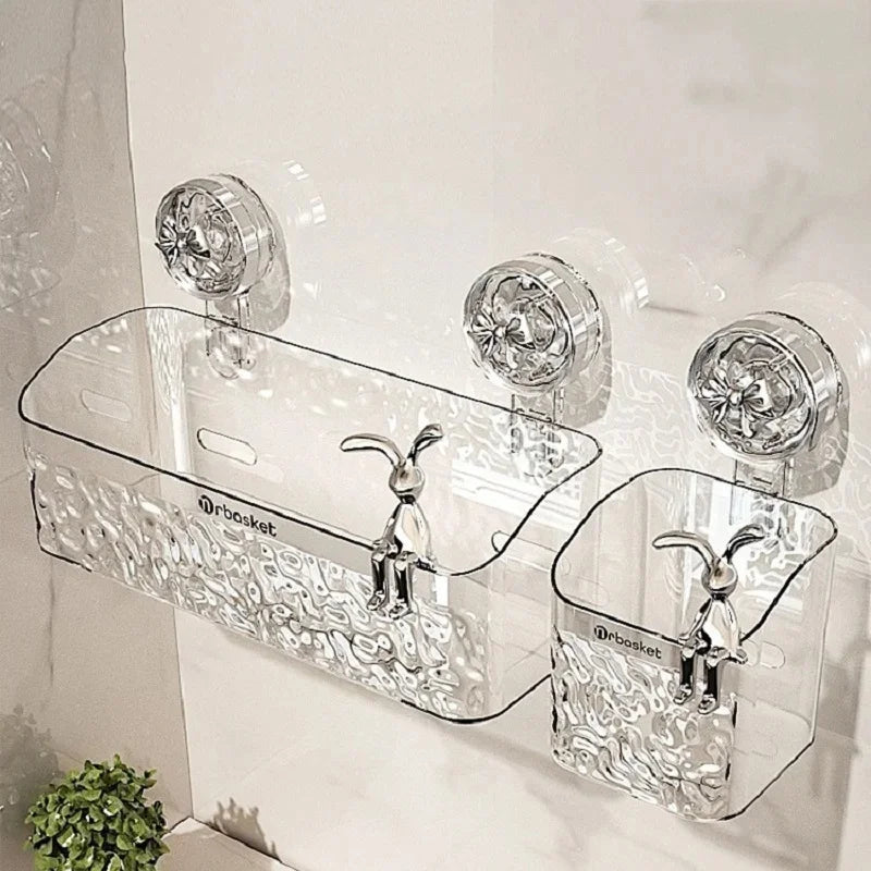 Clear adhesive bathroom storage basket with chrome decorative hook