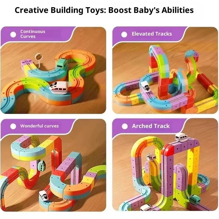 Colourful magnetic building track set with toy train, signs and accessories