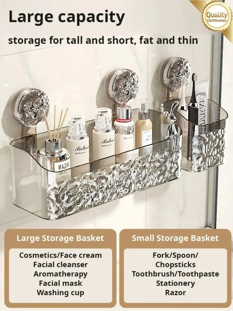 Clear adhesive bathroom storage basket with chrome decorative hook
