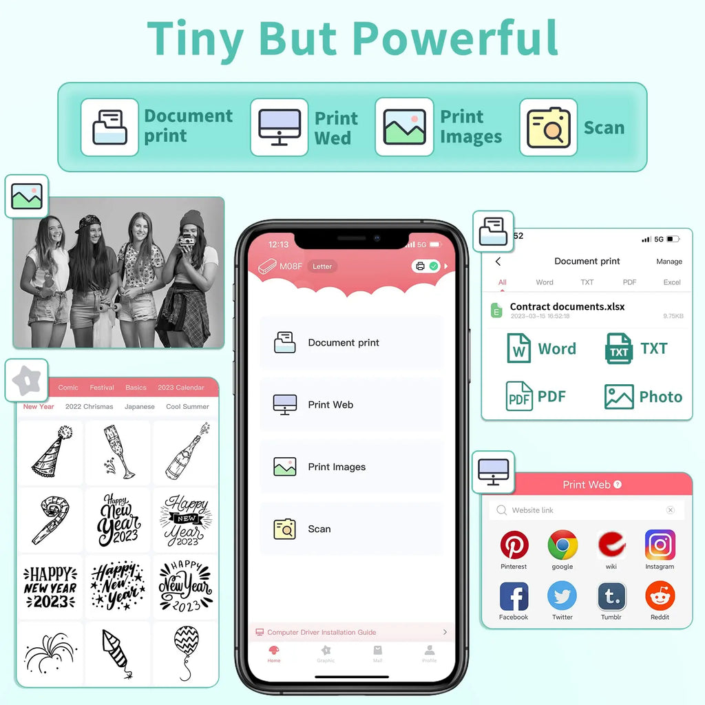 Compact paper printer with smartphone printing app