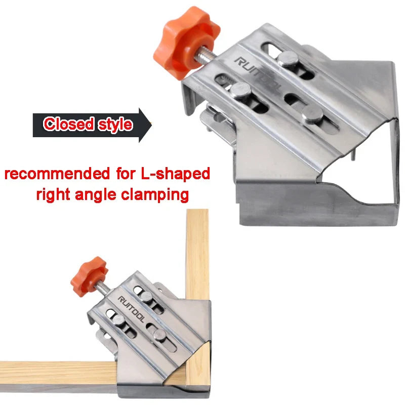 Stainless steel corner bracket with slotted plates and red-orange adjustment knob
