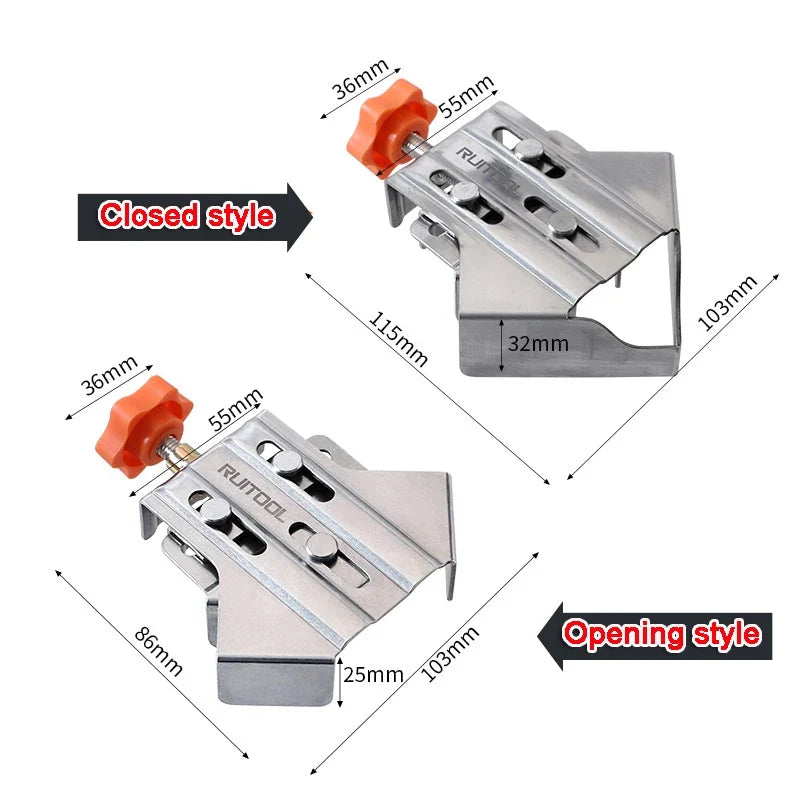Stainless steel corner bracket with slotted plates and red-orange adjustment knob