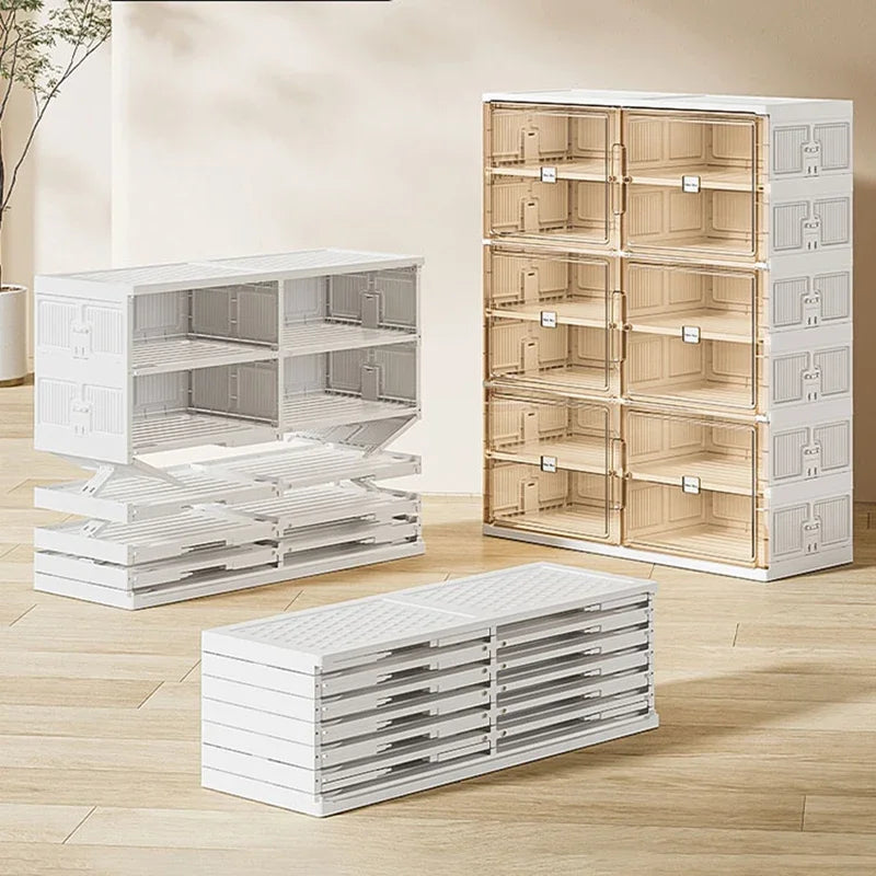Two-tier stackable shoe storage cabinet with transparent front doors
