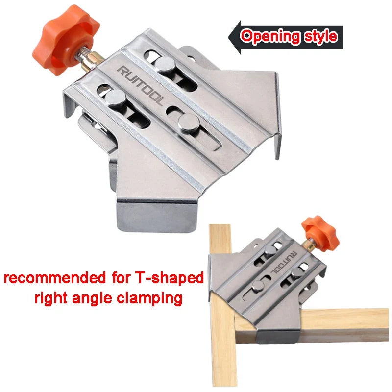 Stainless steel corner bracket with slotted plates and red-orange adjustment knob