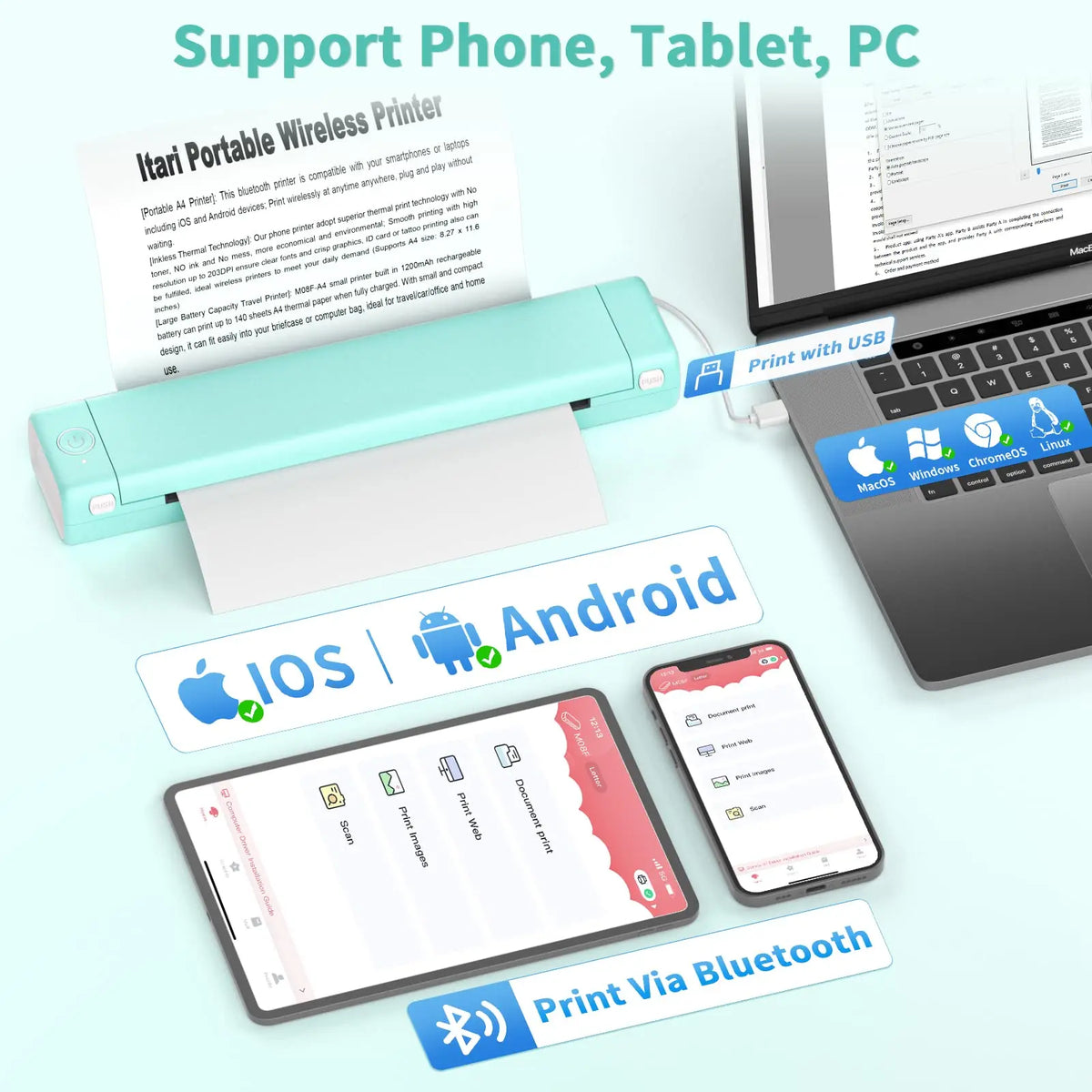 Compact paper printer with smartphone printing app