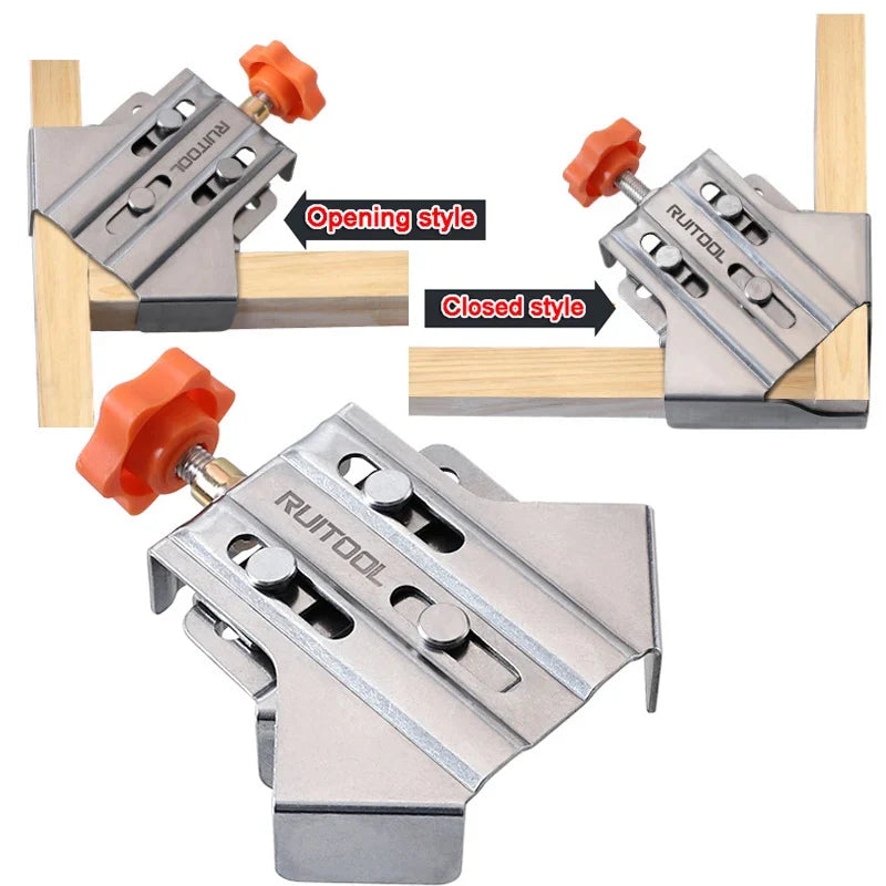 Stainless steel corner bracket with slotted plates and red-orange adjustment knob