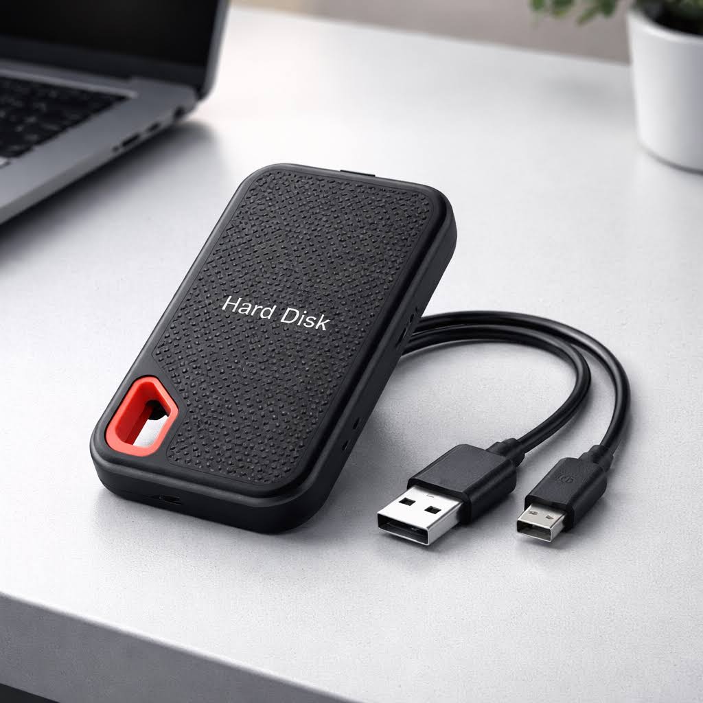 Black portable external SSD hard drive with textured case, red carry loop and USB cable