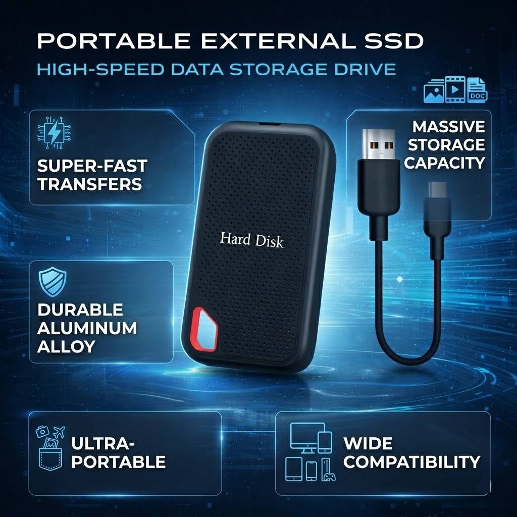 Black portable external SSD hard drive with textured case, red carry loop and USB cable