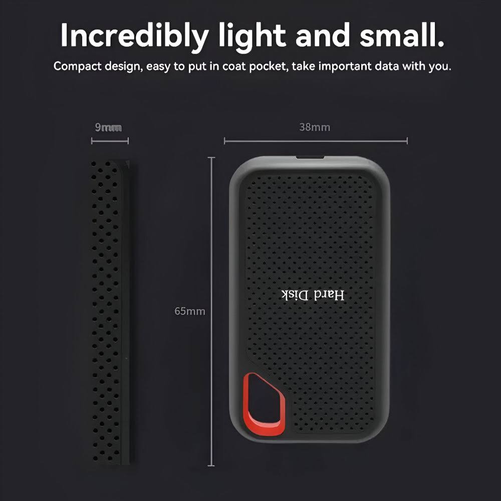 Black portable external SSD hard drive with textured case, red carry loop and USB cable
