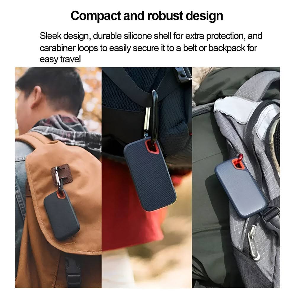 Black portable external SSD hard drive with textured case, red carry loop and USB cable