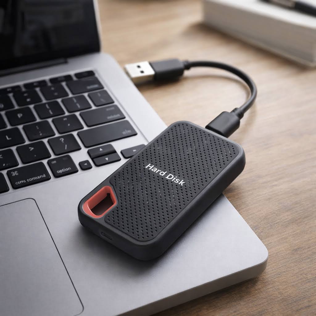Black portable external SSD hard drive with textured case, red carry loop and USB cable