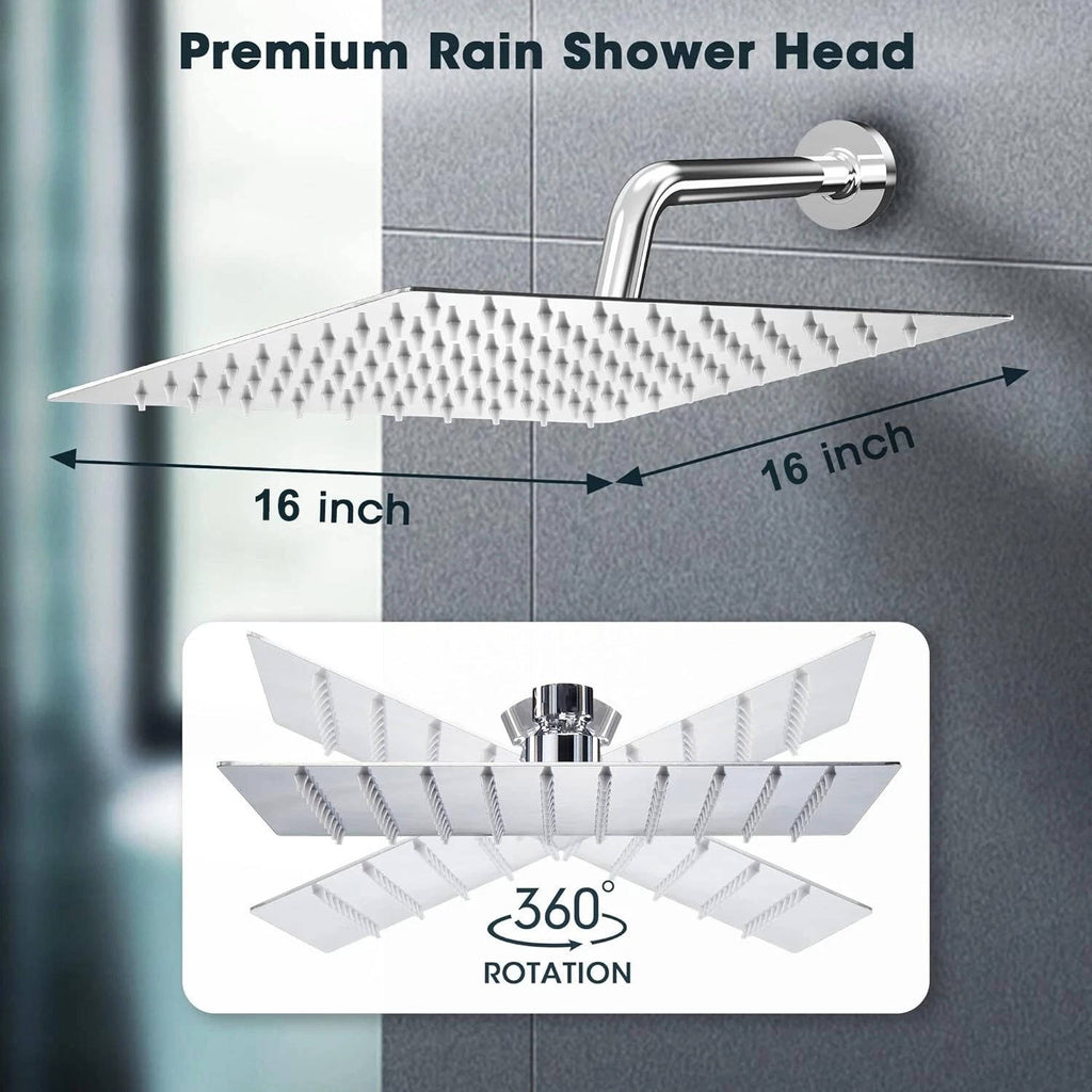 Ultra-thin silver rectangular rainfall shower head releasing an overhead water flow