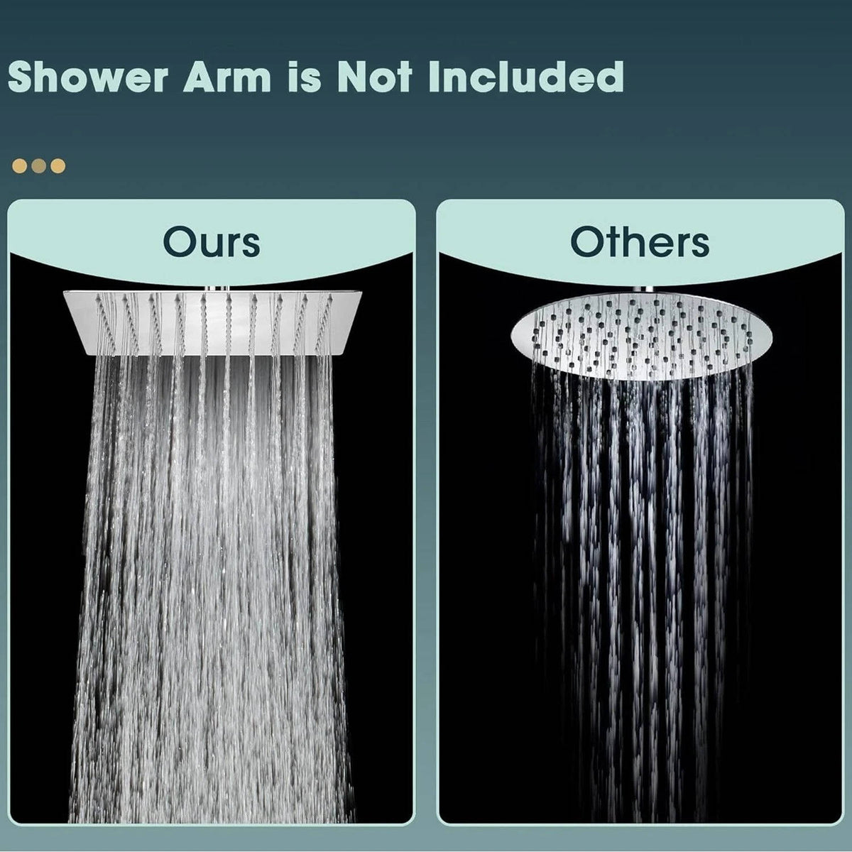 Ultra-thin silver rectangular rainfall shower head releasing an overhead water flow