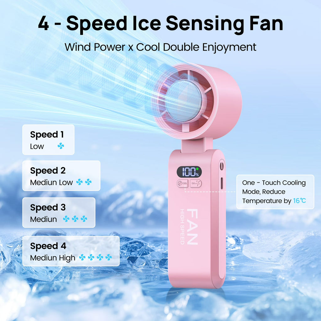 Handheld portable fan with circular fan head, digital display and wrist strap