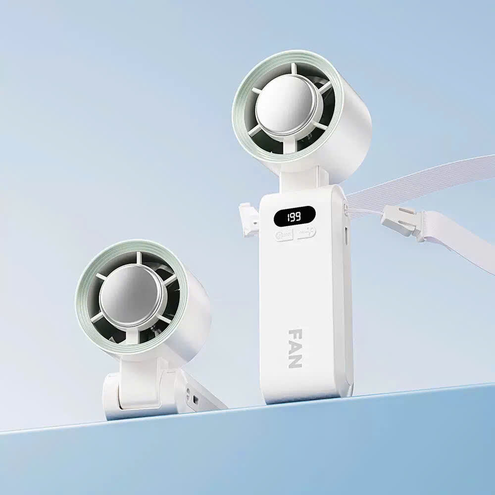Handheld portable fan with circular fan head, digital display and wrist strap