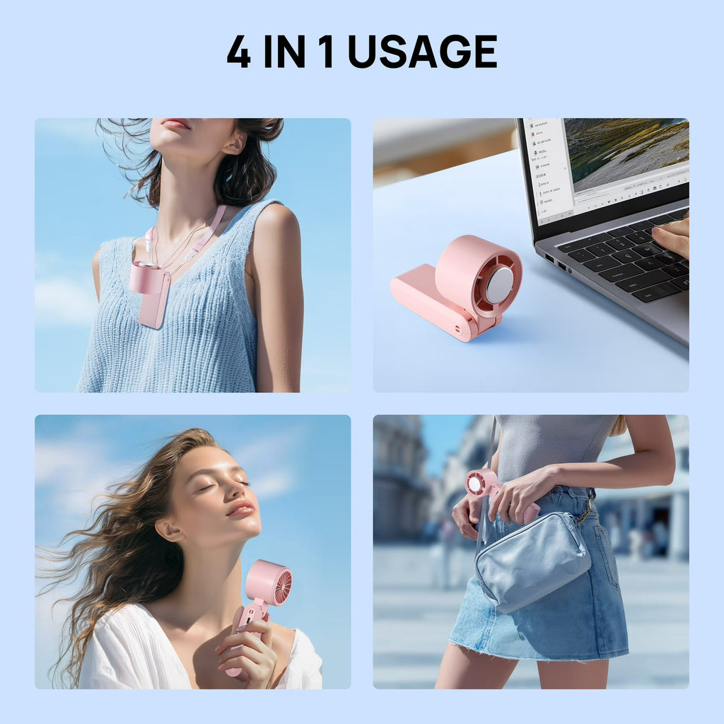 Handheld portable fan with circular fan head, digital display and wrist strap