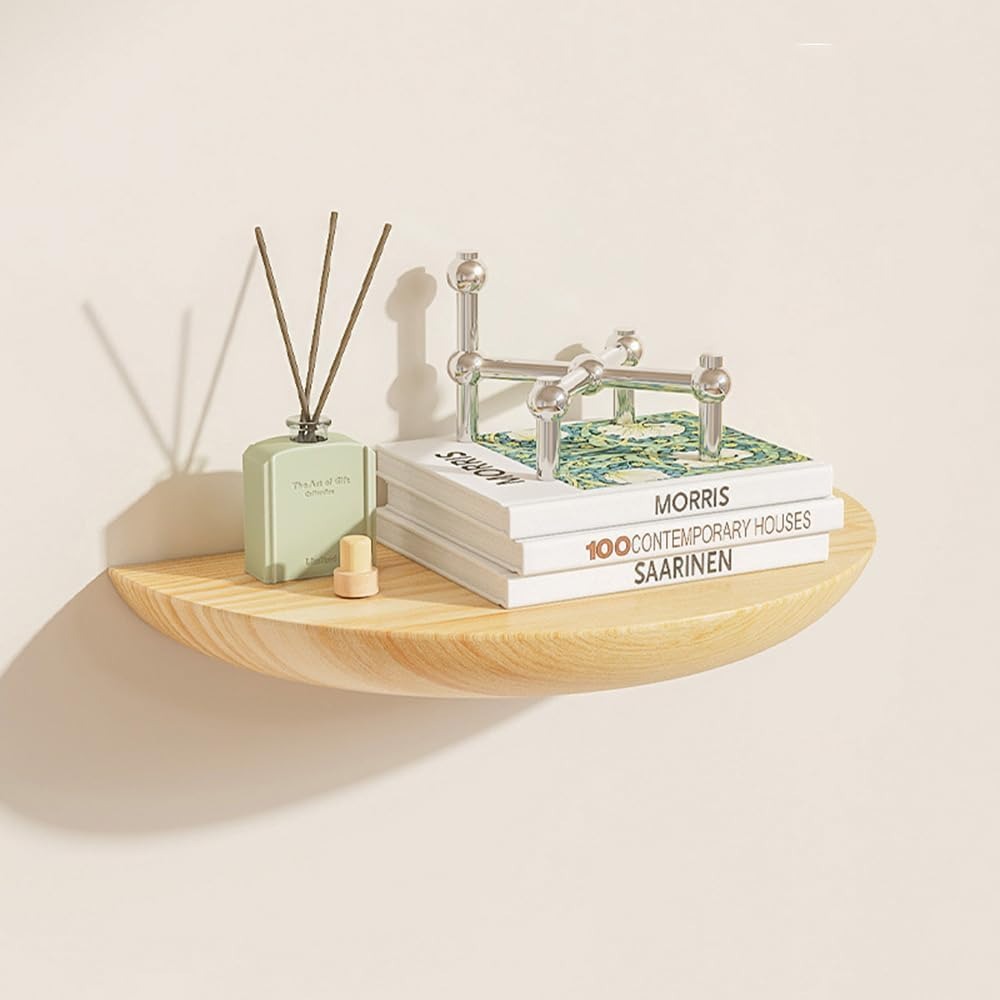 Half-round floating wall shelf with curved front edge and wood-effect finish