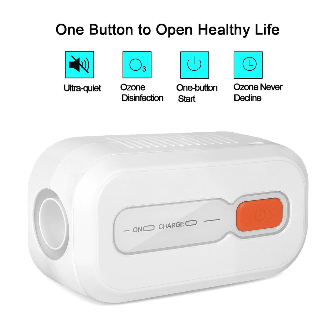White ozone-based CPAP cleaning system with orange control button and connected hose