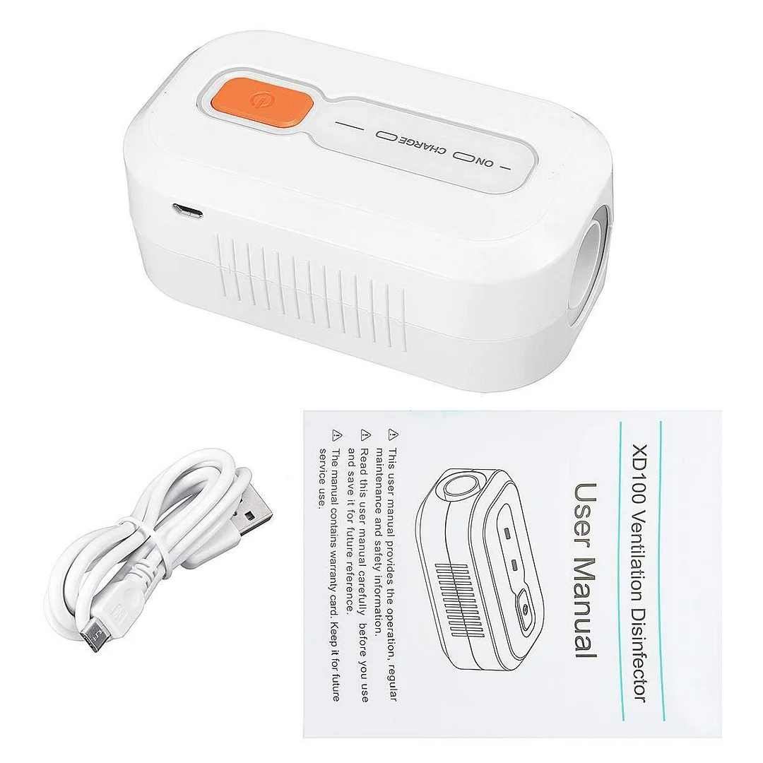 White ozone-based CPAP cleaning system with orange control button and connected hose