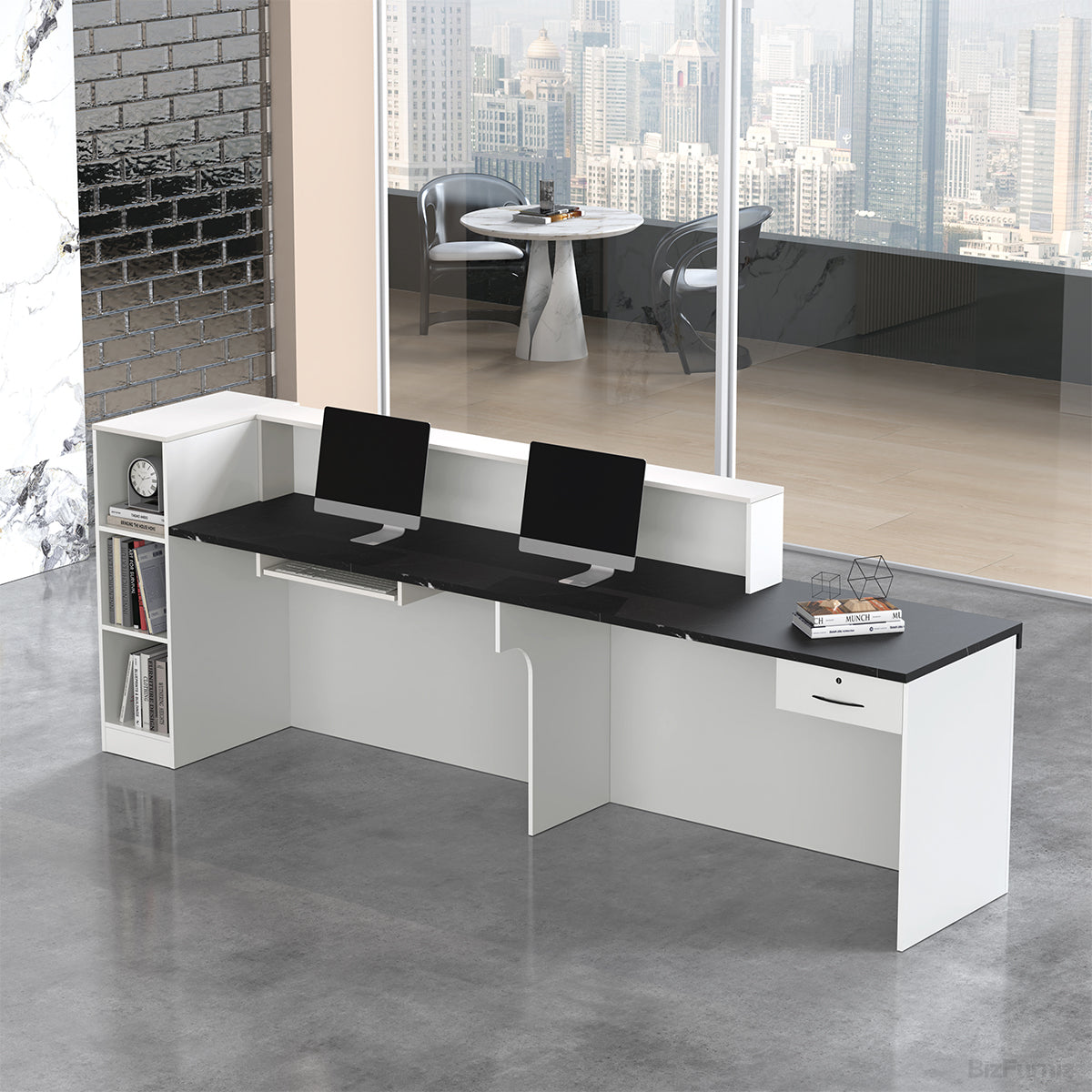 Modern reception desk with raised counter, shelving and fluted front panels