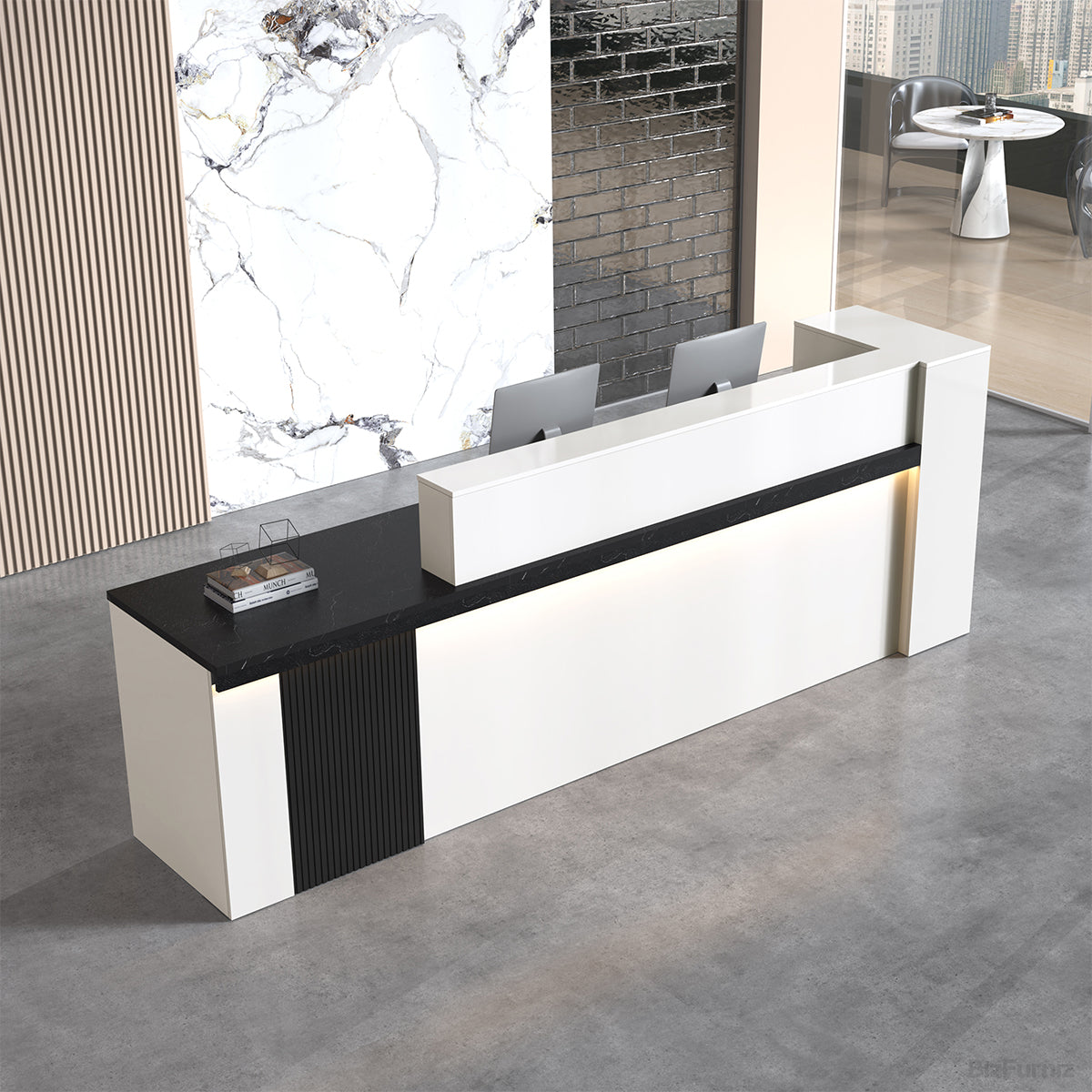 Modern reception desk with raised counter, shelving and fluted front panels