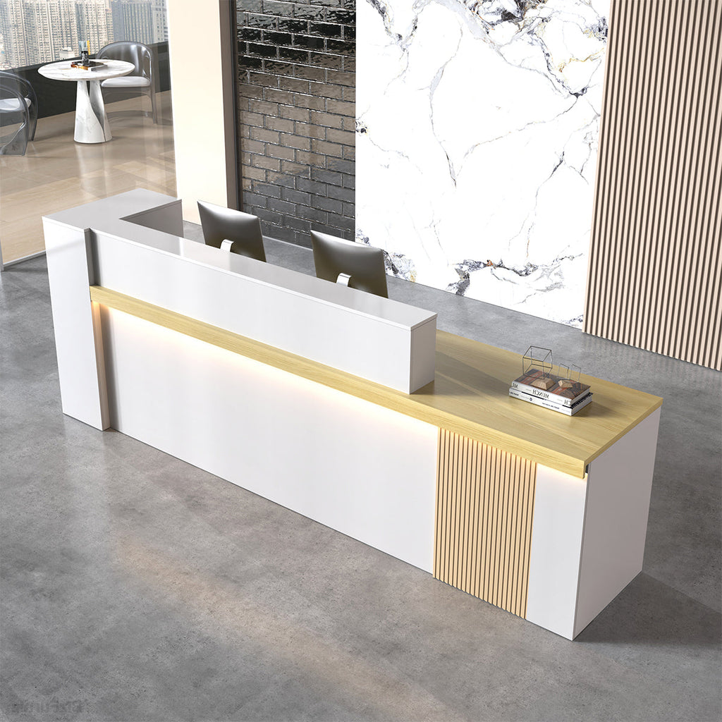 Modern reception desk with raised counter, shelving and fluted front panels