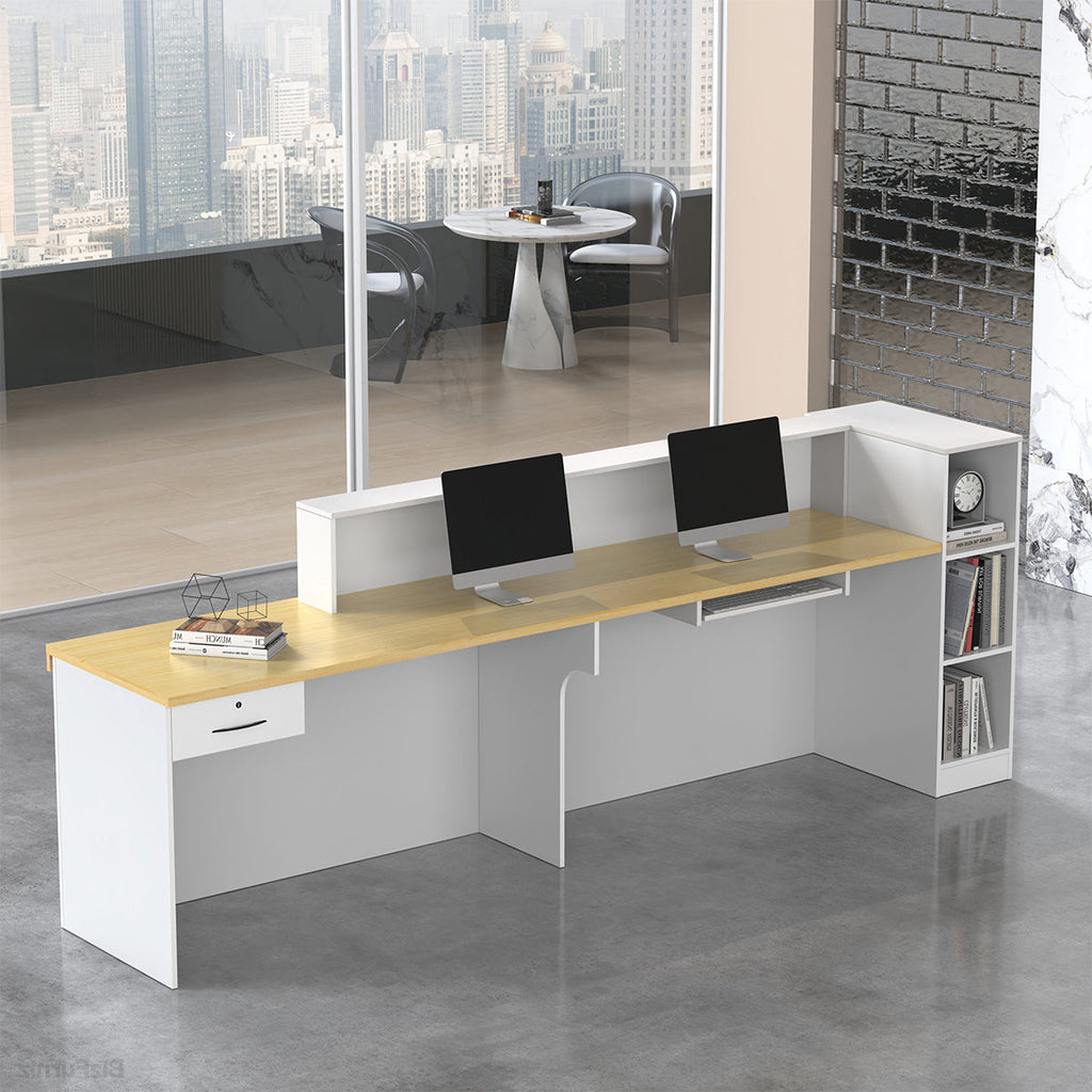 Modern reception desk with raised counter, shelving and fluted front panels